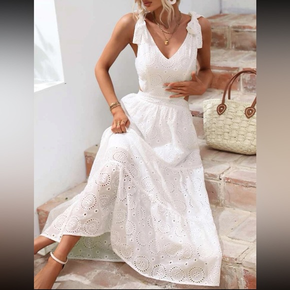 Boho White Sheer Lace Eyelet Embroidered Tie Shoulder Cut Out Back Maxi Dress - Picture 5 of 6